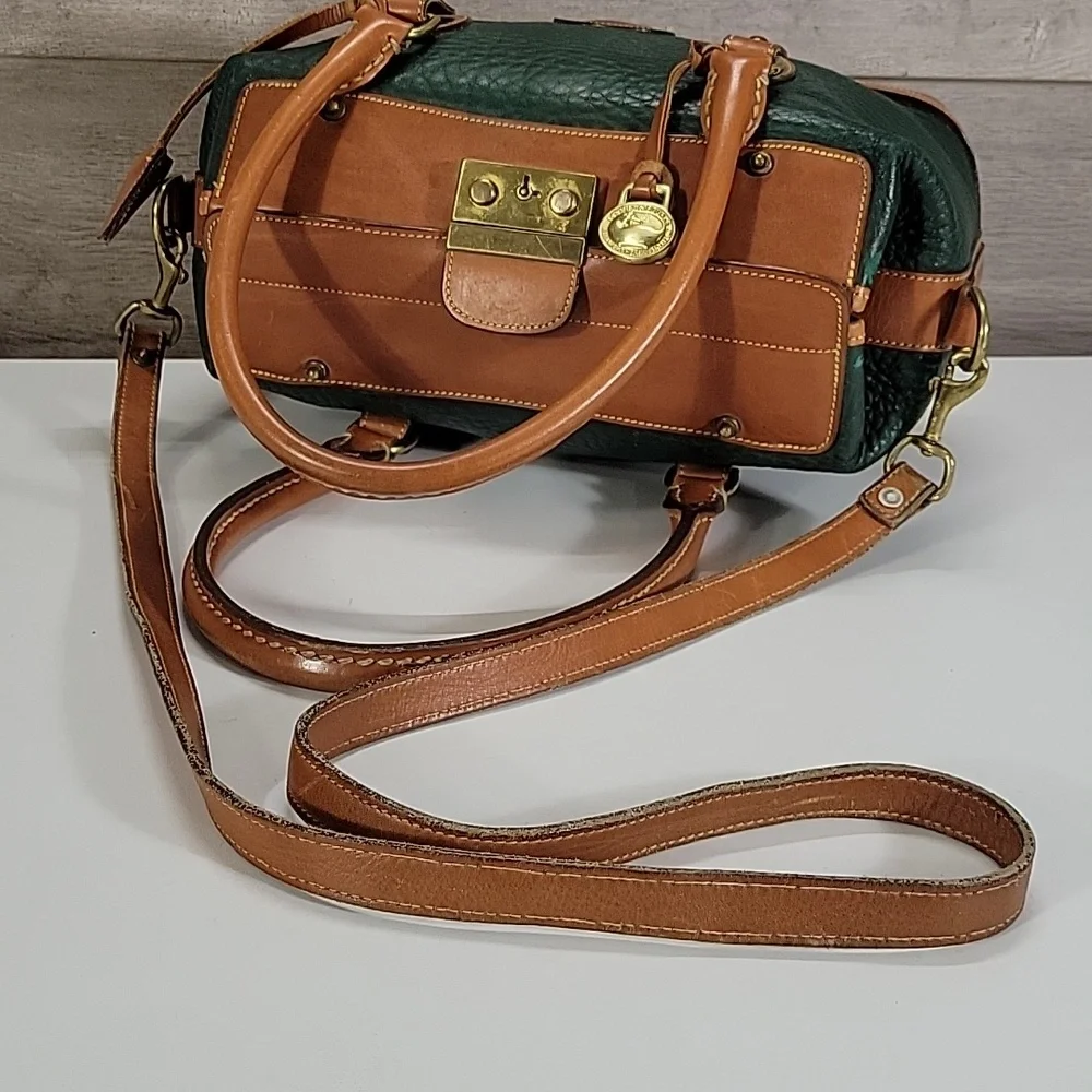 Vintage Dooney & Bourke Green Pebbled Leather Satchel with Tan Trim and Handles